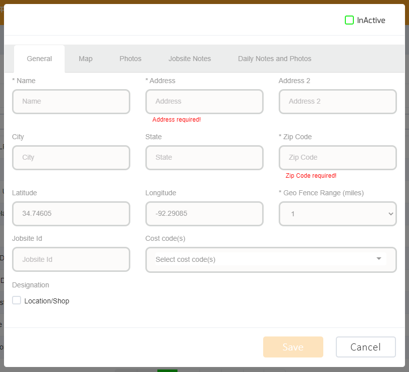 This is a picture of the add new Jobsite form in ForeSite Manager.