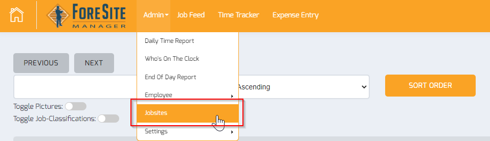 This is an image of the ForeSite Manager Navigation menu for Jobsites.