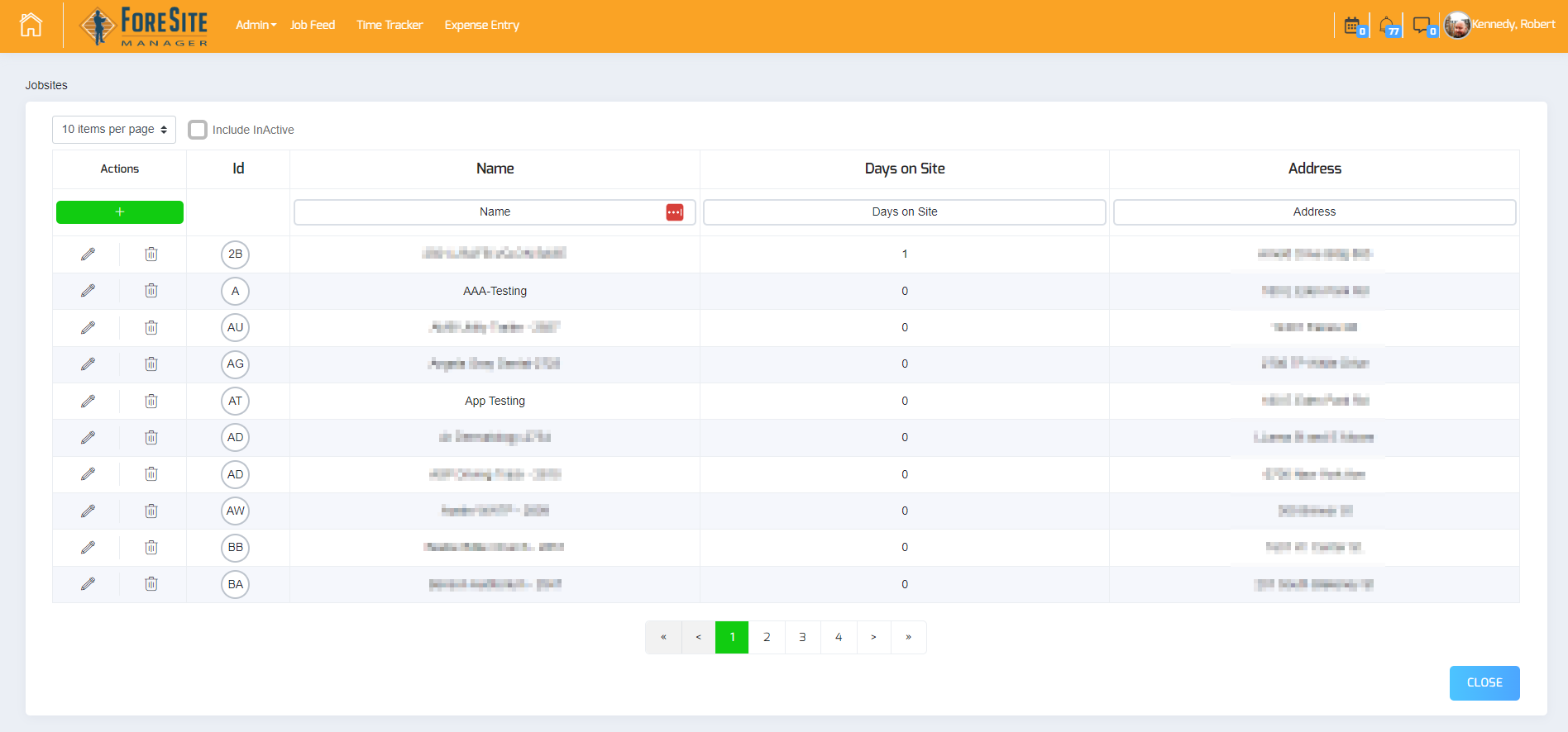 This is a picture of the ForeSite Manager Jobsite list table.